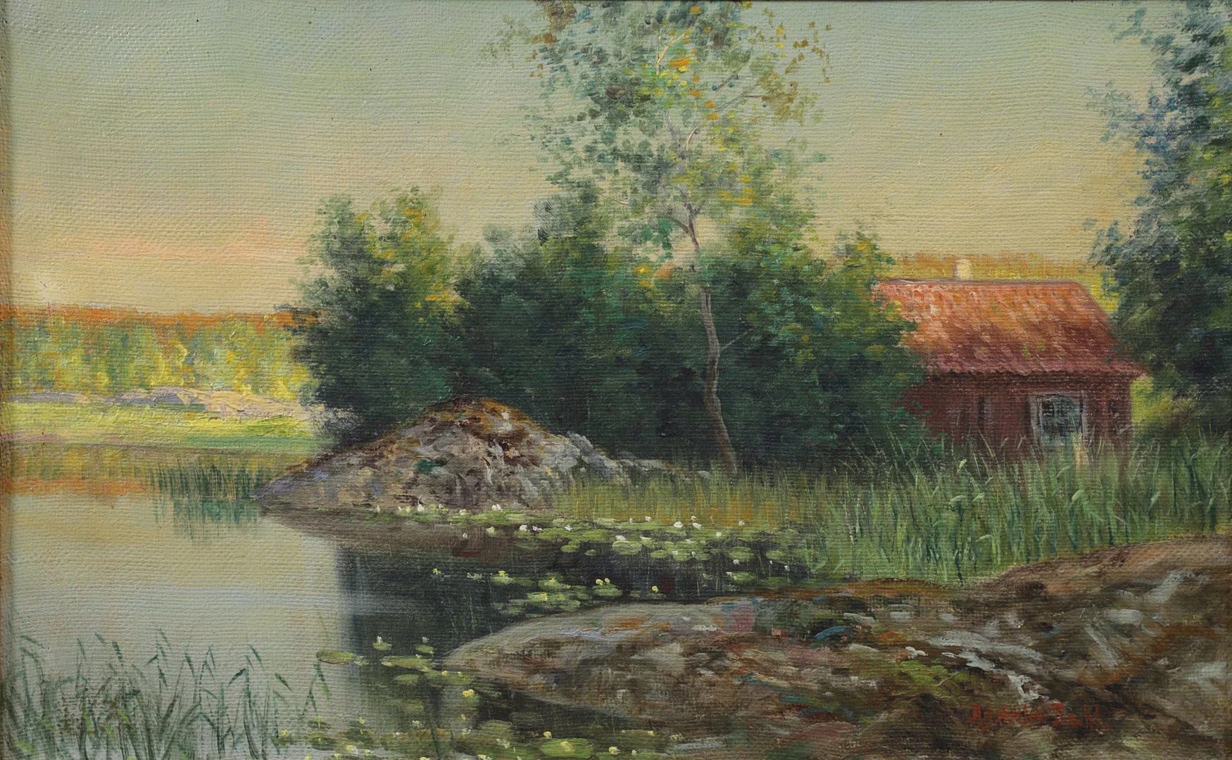ANSHELM DAHL. "Sommarafton, Sörmland". Olja på duk, signerad. — Paintings — Växjö Auktionskammare