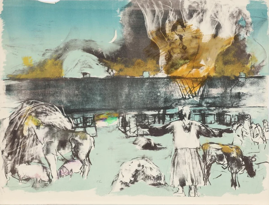 Fire. Signed OH. Mixed media on lithograph in color. Sheet size 58.5 × 75 cm. Unframed. — Modern Prints/Classical modernism — Bruun Rasmussen