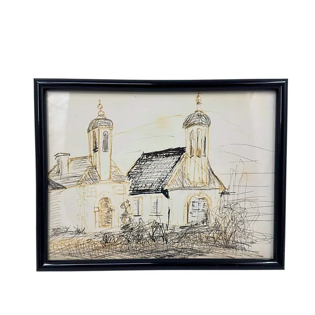 KIRMSE. TEILKOLORIERTE ZEICHNUNG VON EINER BAROCKEN KAPELLE MIT ZWIEBELTÜRMEN.