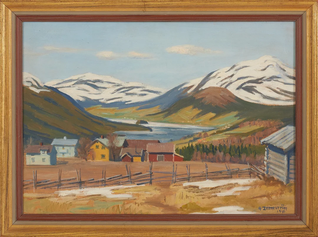 GUNNAR ZETTERSTRÖM. Landskapsmotiv, olja på pannå, signerad, daterad 1941. — Paintings — Stockholms Auktionsverk Sickla