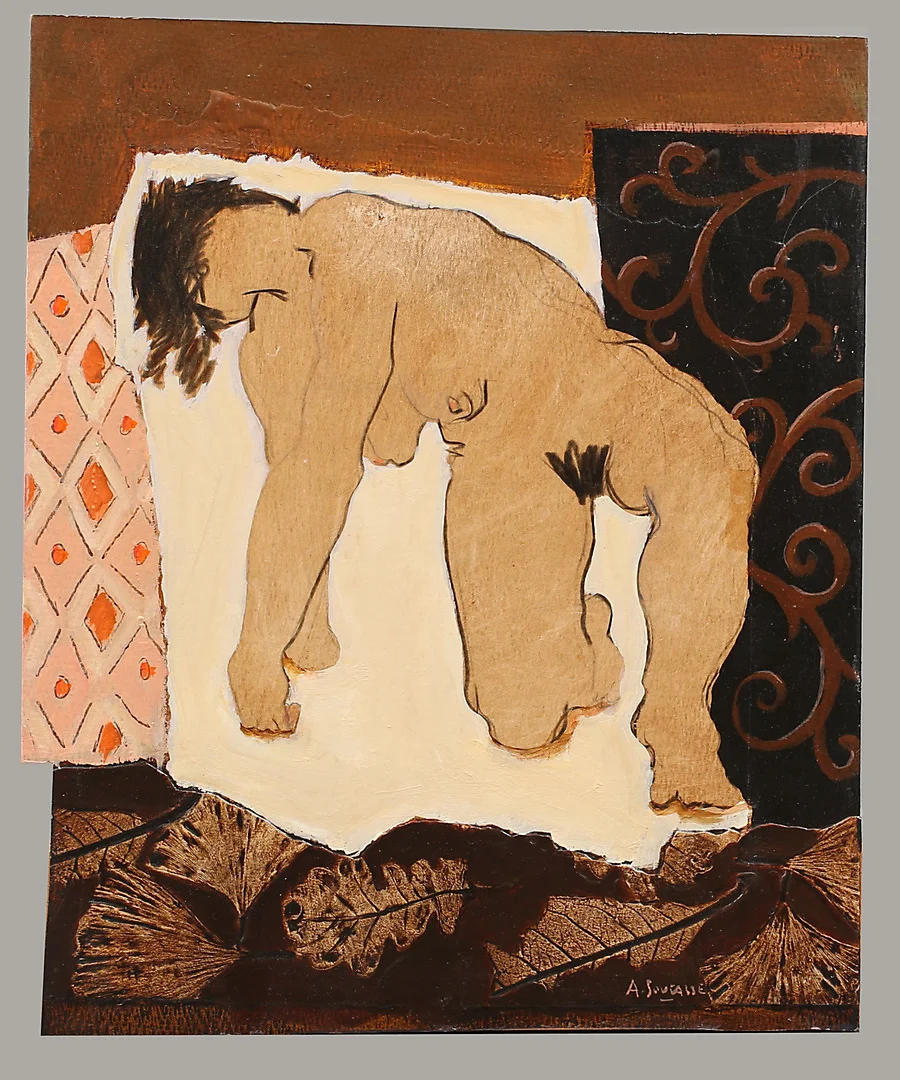 ALAIN SOUCASSE. "Nude in room 7", blandteknik, signerad A Soucasse. — Paintings — Garpenhus Auktioner