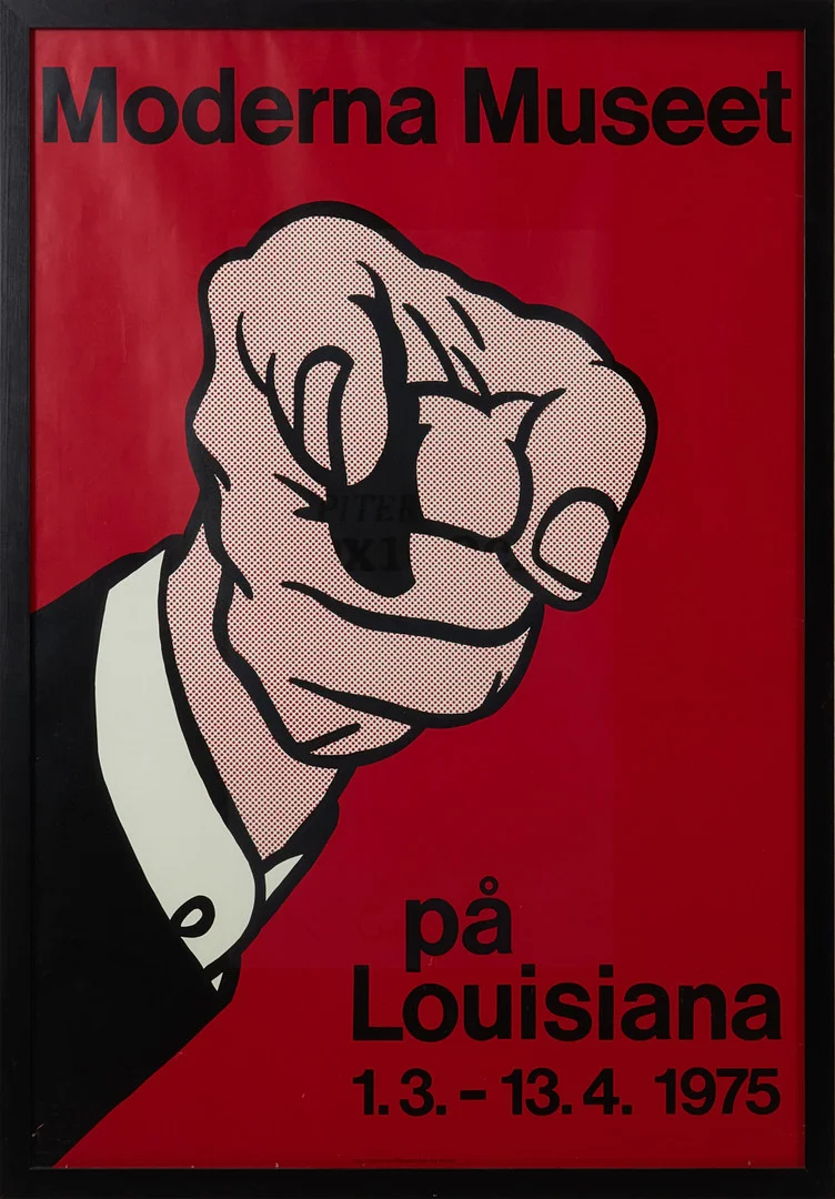 ROY LICHTENSTEIN. EFTER. Utställningsaffisch, färgserigrafi, "Moderna Museet på Louisiana, 1975", tryckt av Reklamteknik AB, Malmö. — Engravings & Prints — Stockholms Auktionsverk Magasin 5