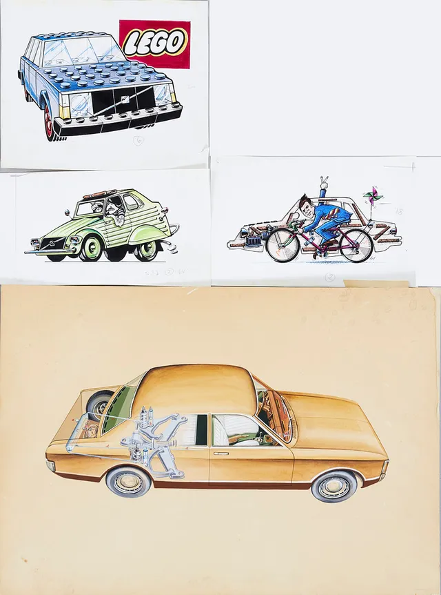BILILLUSTRATIONER, 4 st, blandteknik, bl.a. föreställande Lego Volvo, Ford och Citroën, 1900-talets andra hälft.