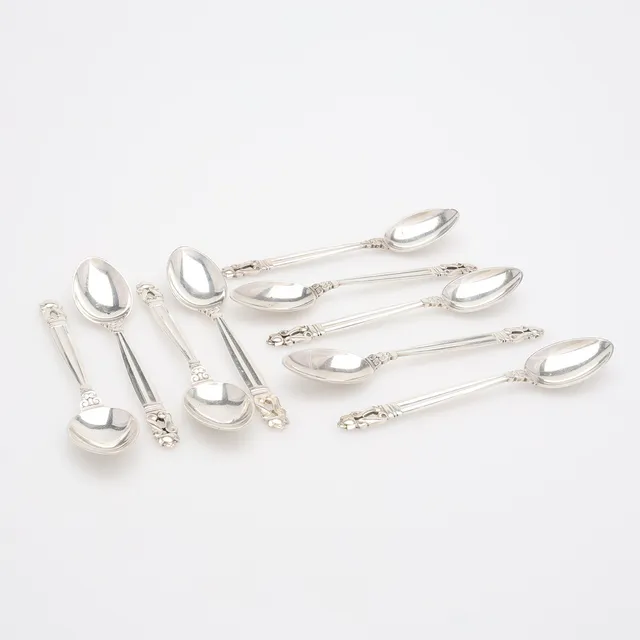 JOHAN ROHDE. TESKEDAR, NIO STYCKEN, "KONGE/ACORN", FÖR GEORG JENSEN, DANMARK.