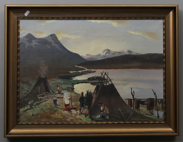VILHELM ENGSTRÖM. Samer i vid fjällsjö. Olja på duk. Signerad Vilh. Engström.