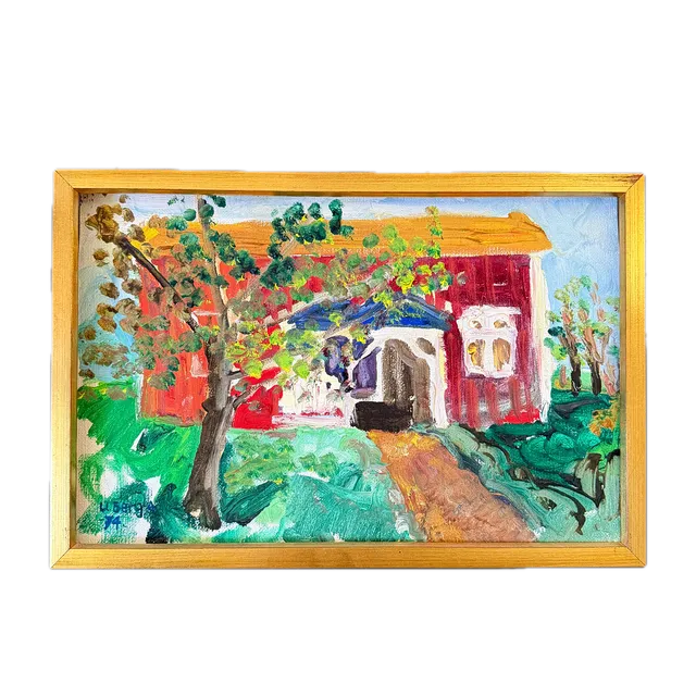 ULLA BERG-ANDERSSON. "Rött Hus" 1974. Olja på Pannå.