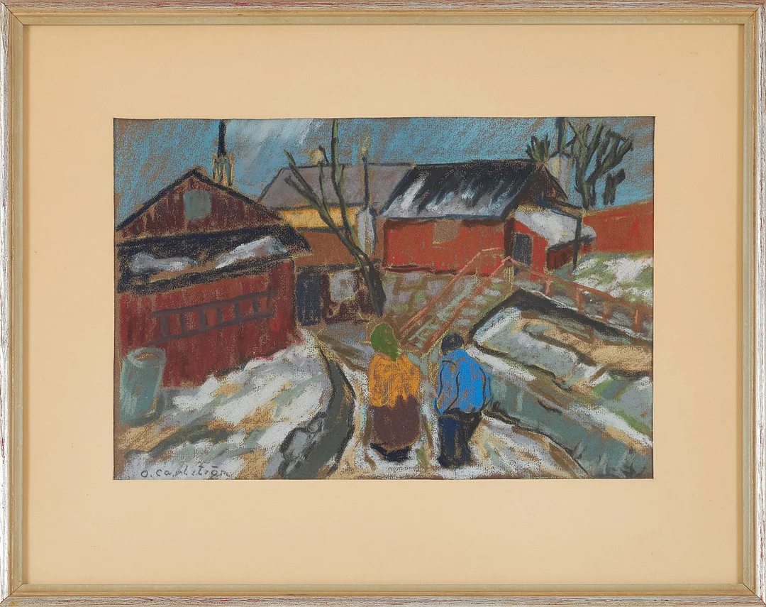 OLLE CARLSTRÖM (1920-2007). "Kvastmakargatan", oljepastell på papper, signerad. — Paintings — Stockholms Auktionsverk Sickla