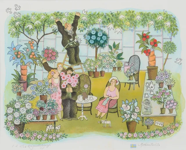 MARION BELIN. Tillställning i växthuset, färglitografi, signerad, numrerad E.A. 15/36.