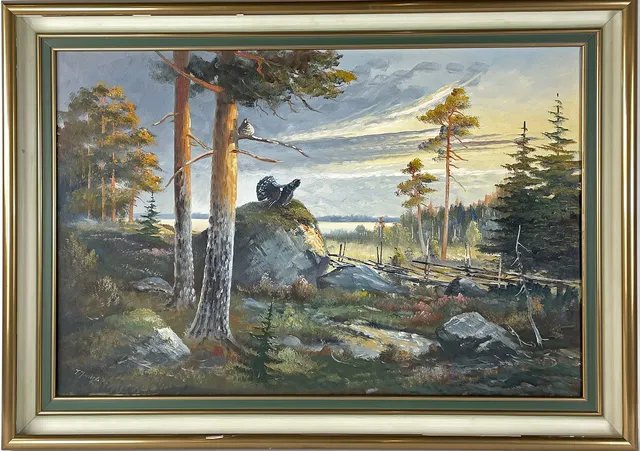 TORSTEN MEULLER. Skogsmotiv med tjädrar, olja på duk, signerad T. Meuller.