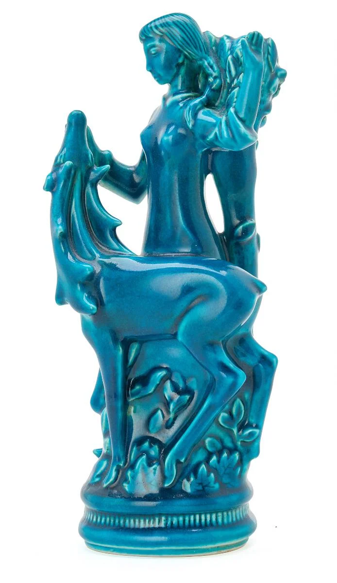 Stoneware figure modelled as a woman and deer. Decorated with turquoise-blue glaze. Signed with monogram, 4350. Kgl. P. H. 26 cm. — Modern Decorative Art — Bruun Rasmussen
