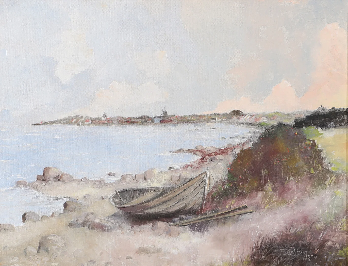 BROR TELLSTRÖM. Utsikt mot Viken, olja på pannå, signerad B. Tellström 1974. — Paintings — Helsingborgs Auktionskammare