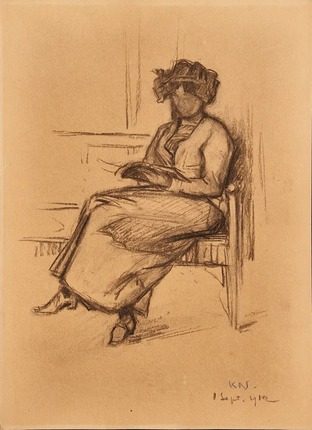 KARL NORDSTRÖM (Tjörn 1855-1923 Drottningholm). Tekla Lindeström-Nordström läser, signerad, daterad 1912, kol på papper.