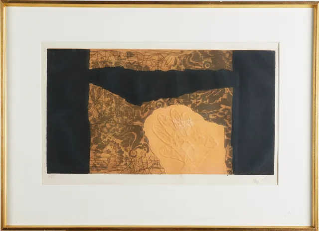 ANTONI CLAVÉ (1913-2005). Komposition, carborundum med kollage, signerad samt numrerad 21/75.