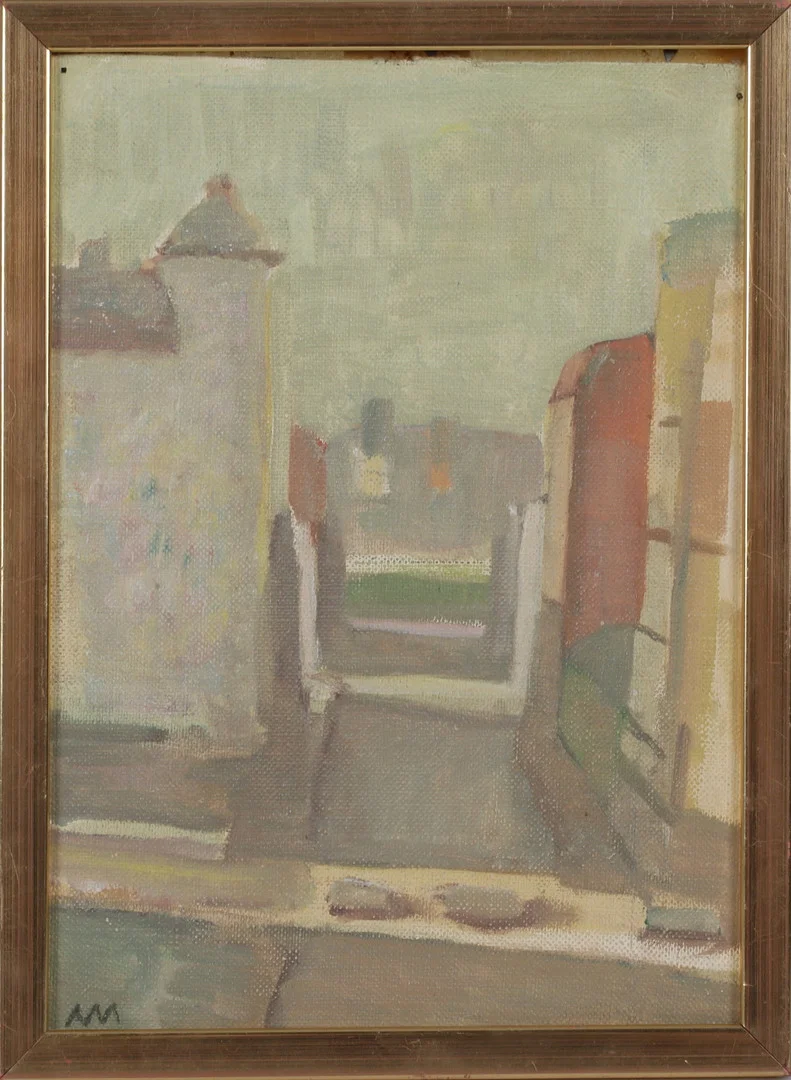 ARNE MALMBORG. Stadsvy, olja på pannå, monogramsignerad. — Paintings — Stadsauktion Sundsvall