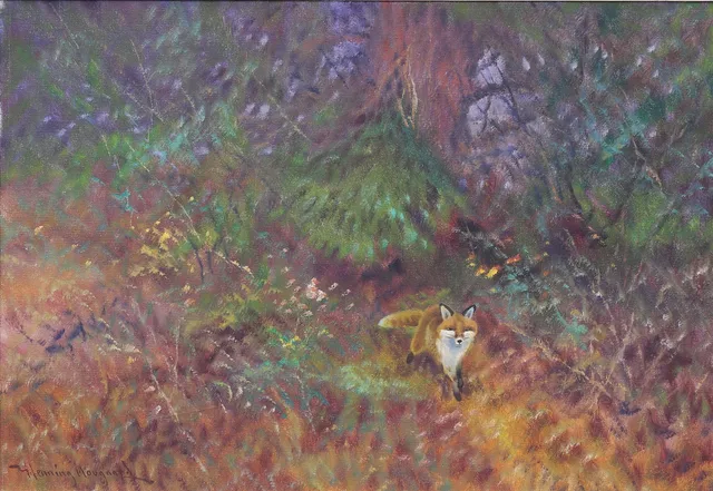 HENNING HOUGAARD. Räv i skog, olja på duk, signerad.