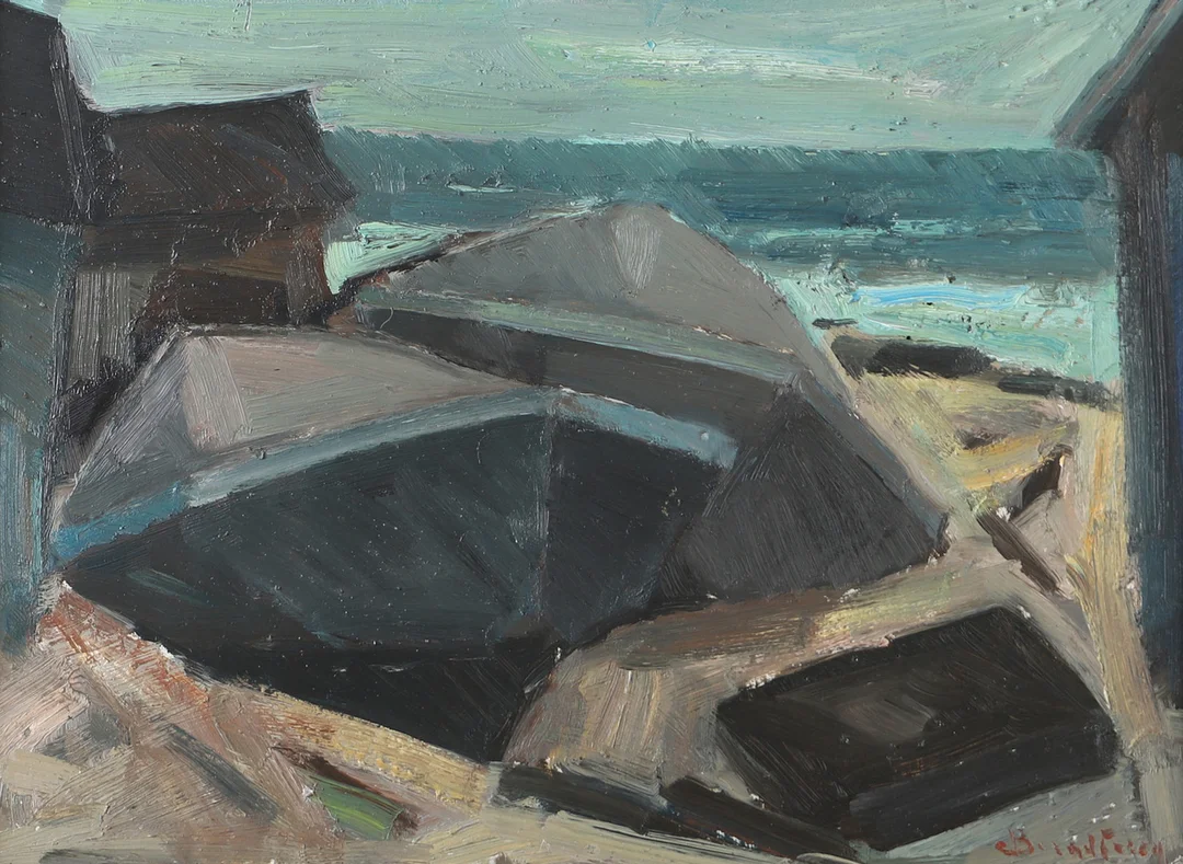 CARL BERNDTSSON. Uppdragna båtar, olja på pannå, signerad Berndtsson. — Paintings — Helsingborgs Auktionskammare
