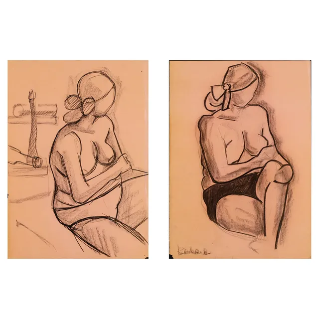 UBEKENDT KUNSTNER. To indrammede croquis modelstudier, kul på papir, signeret (2).