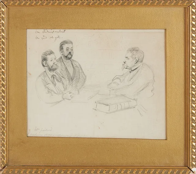 FRITZ VON DARDEL. Ett förhör i Akademien 1873, teckning, signerad "tecknat af F. Dardel".
