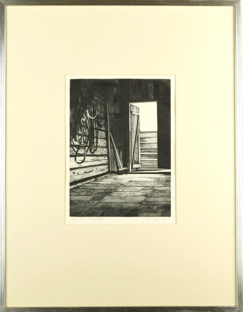 BERTIL ÅGREN. Torrnålsgravyr, "Interiör från sjöbod Trysunda". — Engravings & Prints — Norrlands Auktionsverk
