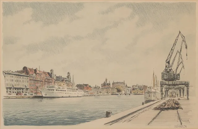 ROLF ERIKSSON. Motiv från färjeläget, Malmö, litografi , signerad.