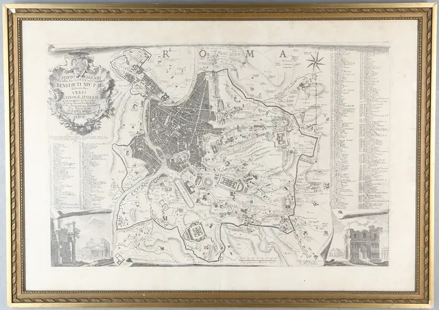 Karta över Rom, kopparstick, "Edita per M Leonardum", 1700-tal.