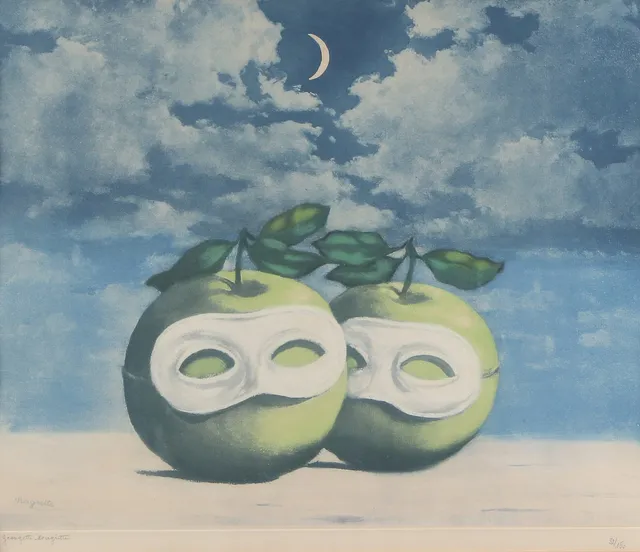 RENÉ OCH GEORGETTE MAGRITTE. Etsning, 22/150. Maskerade äpplen. Signerad av Georgette Magritte.