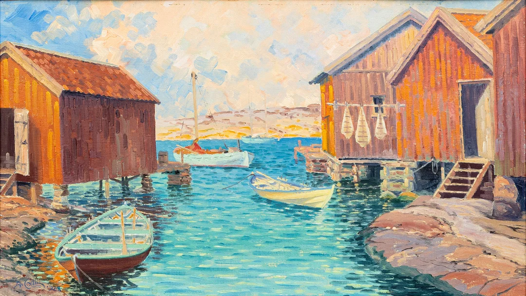 ALFRED COLLIN. Motiv från fiskeby, olja på pannå, signerad. daterad 1929. — Paintings — Auktionshuset Kolonn