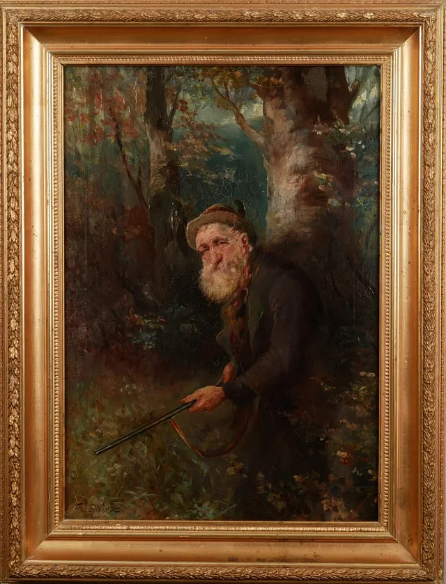 OIDENTIFIERAD KONSTNÄR. Jaktmotiv, 1800-talets slut, olja på duk, signerad F. Erlhofer.