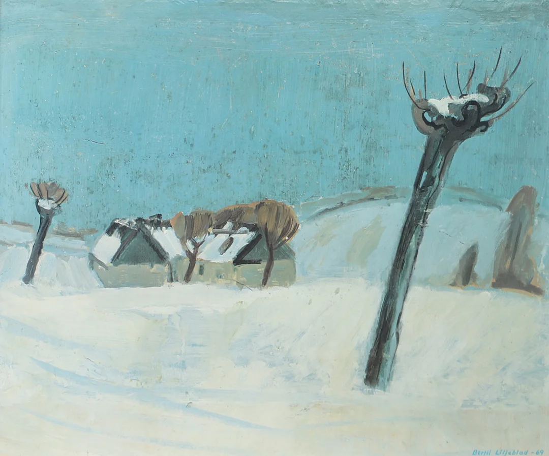 BERTIL LILJEBLAD. Skånskt landskap, blandteknik, signerad -69. — Paintings — Helsingborgs Auktionskammare