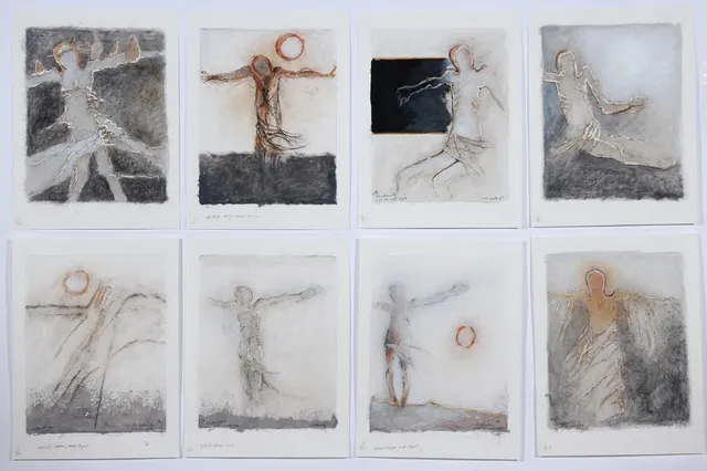 Nis Schmidt. 'At the blackboard', 'Winter etude' etc. Eight mixed media on paper. (8)