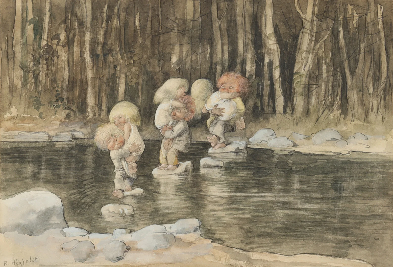 ROBERT HÖGFELDT. figurscen vid ån, akvarell med täckvitt. — Paintings — Stockholms Auktionsverk Helsingborg