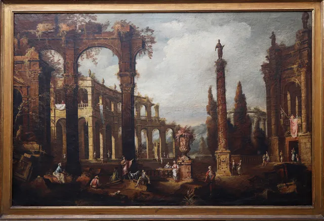 AFTER MODELS BY GIOVANNI PAOLO PANINI. “Capriccio” with Roman ruins.