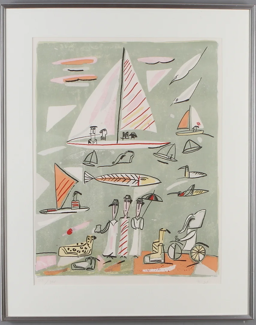 MADELEINE PYK. Komposition med segelbåtar, färglitografi, signerad och numrerad 242/290. — Engravings & Prints — Auktionshuset Kolonn