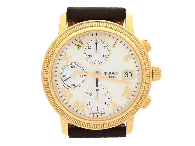 TISSOT, Bridgeport, Cal ETA 7750, Ref nr. T71.3.465.13, Boett nr. G669.330, kronograf, herrur, 38 mm, 18K guld, automatisk, safirglas, datum, glasbaksida, läderband, ca 2015, box.