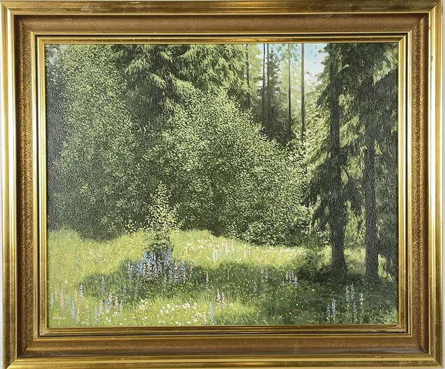 MATS NÖRLE. "Lupiner vid skogsbrynet", olja på pannå, signerad Nörle.