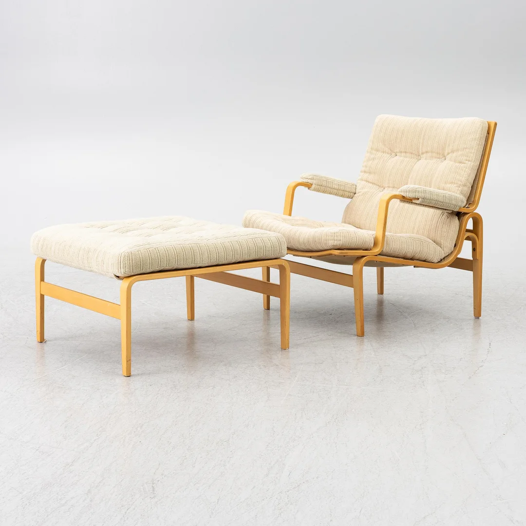 Bruno Mathsson, Fåtölj med fotpall, "Ingrid", Dux. — Design/Möbler — Bukowskis
