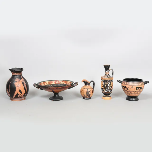 A COLLECTION OF FIVE ANCIENT GREEK REPLICA PAINTED.