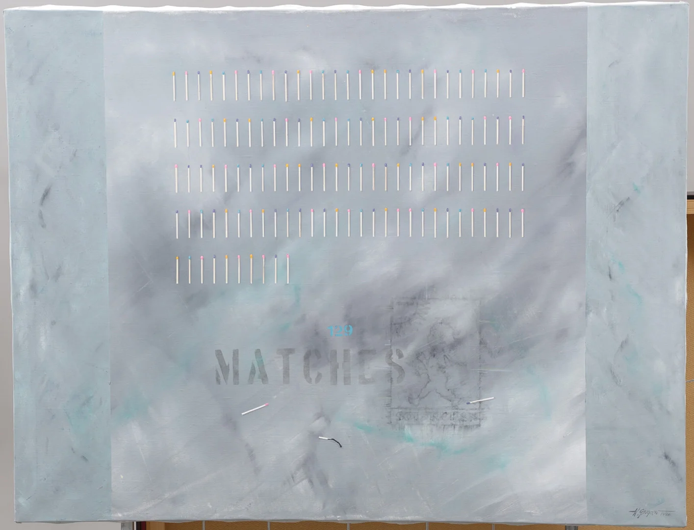 WERNER GREGORI. Komposition med tändstickor, olja på duk, signerad och daterad. — Paintings — Växjö Auktionskammare