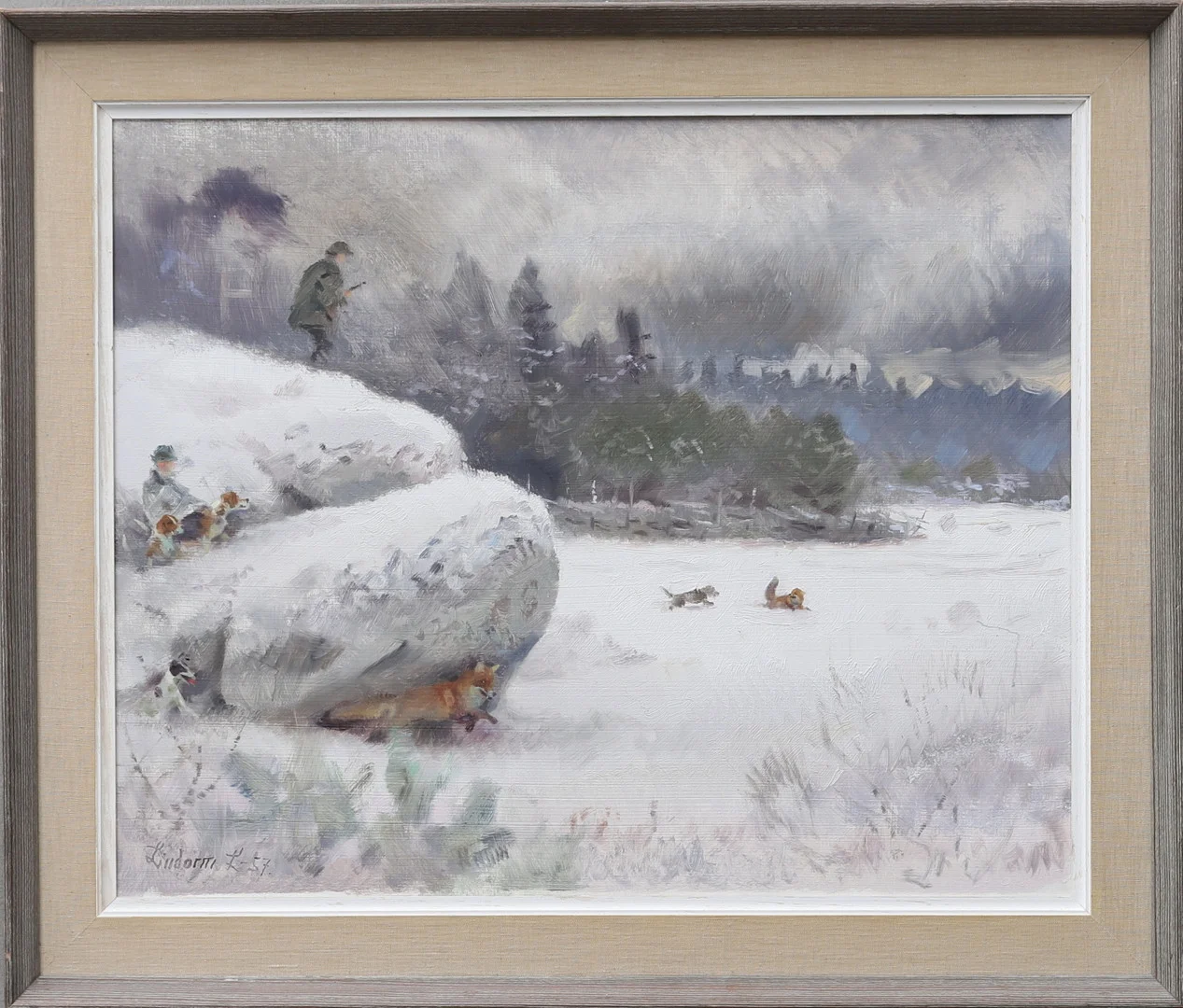 LINDORM LILJEFORS. "Dramatisk Grytjakt", olja på pannå, signerad och daterad -57. — Paintings — Gomér & Andersson Norrköping