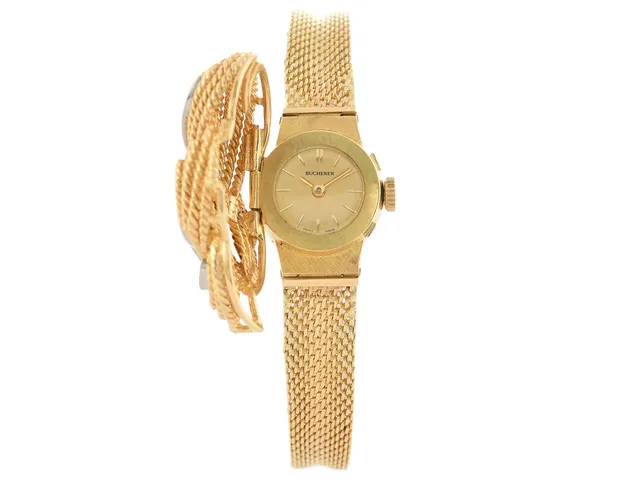 BUCHERER, damur, 16 (20 x 34) mm, Cal ETA 2412, Boett nr. 22050 1, 18K guld, manuell, plexiglas, lock i 18K guld med diamanter (16 st. TW-W/VS-Si, ca 0,10 ctv), integrerad länk i 18K guld (skadad/lagad), längd 170-178 mm, totalvikt 34,3 gram, ca 1975, box.