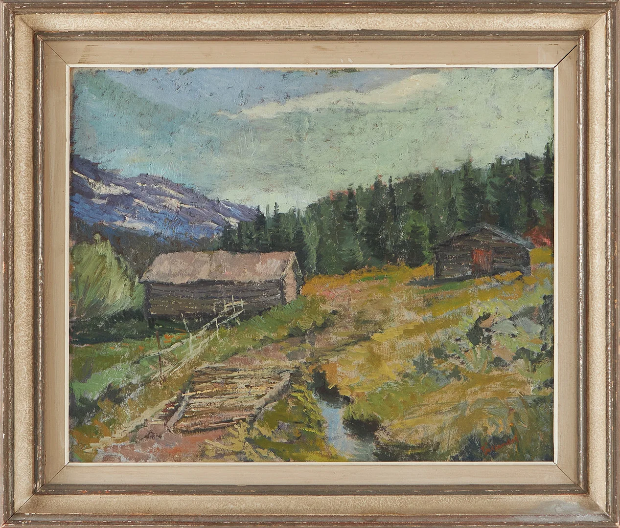 SUNE TJELLANDER. Landskapsbild med stugor, olja på pannå, signerad. — Paintings — Stockholms Auktionsverk Magasin 5