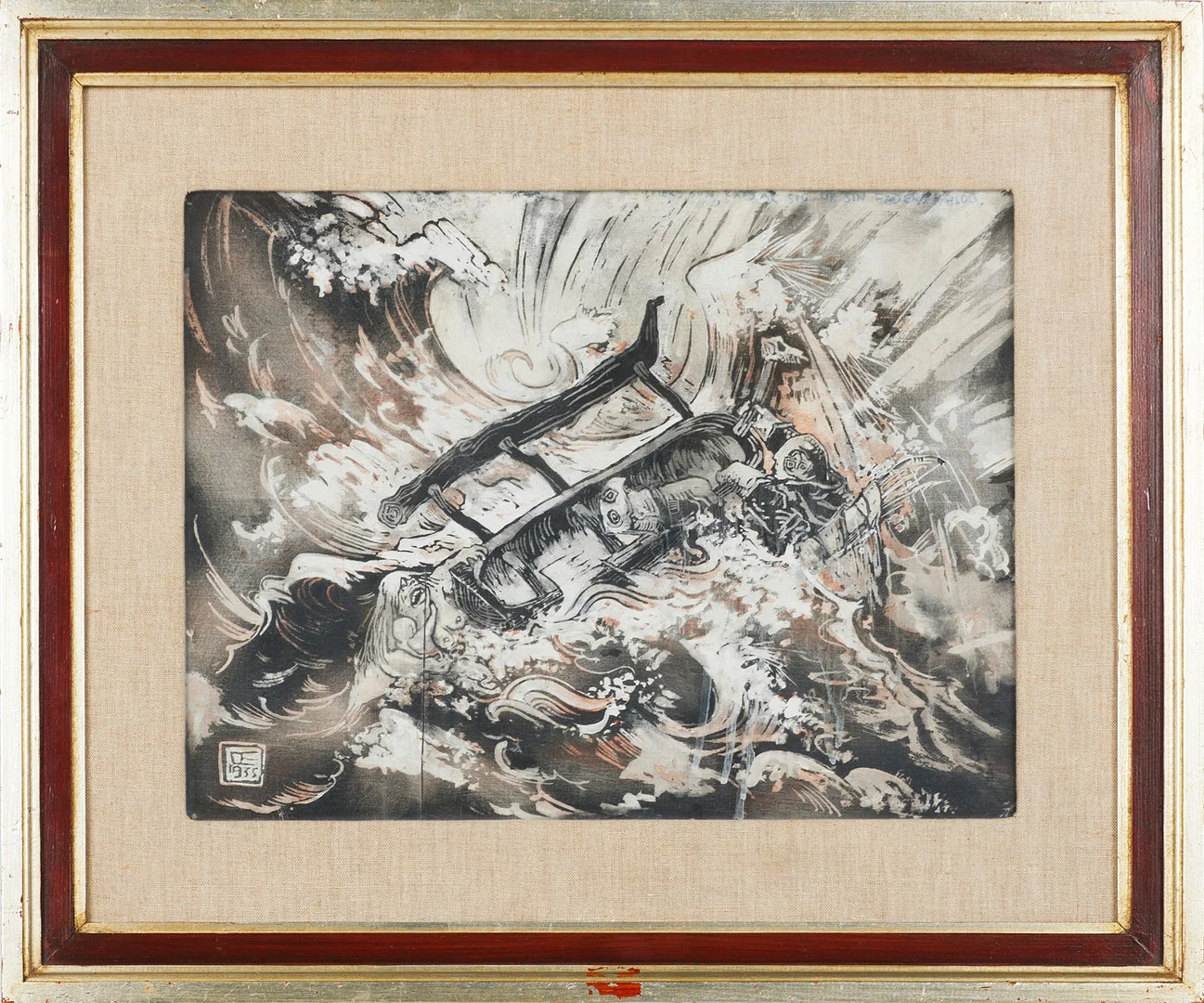 OSSIAN ELGSTRÖM (1883-1950). motiv av fornnordisk scen, blandteknik på duk uppfodrad på pannå, monogramsignerad och daterad 1935. — Paintings — Stockholms Auktionsverk Magasin 5