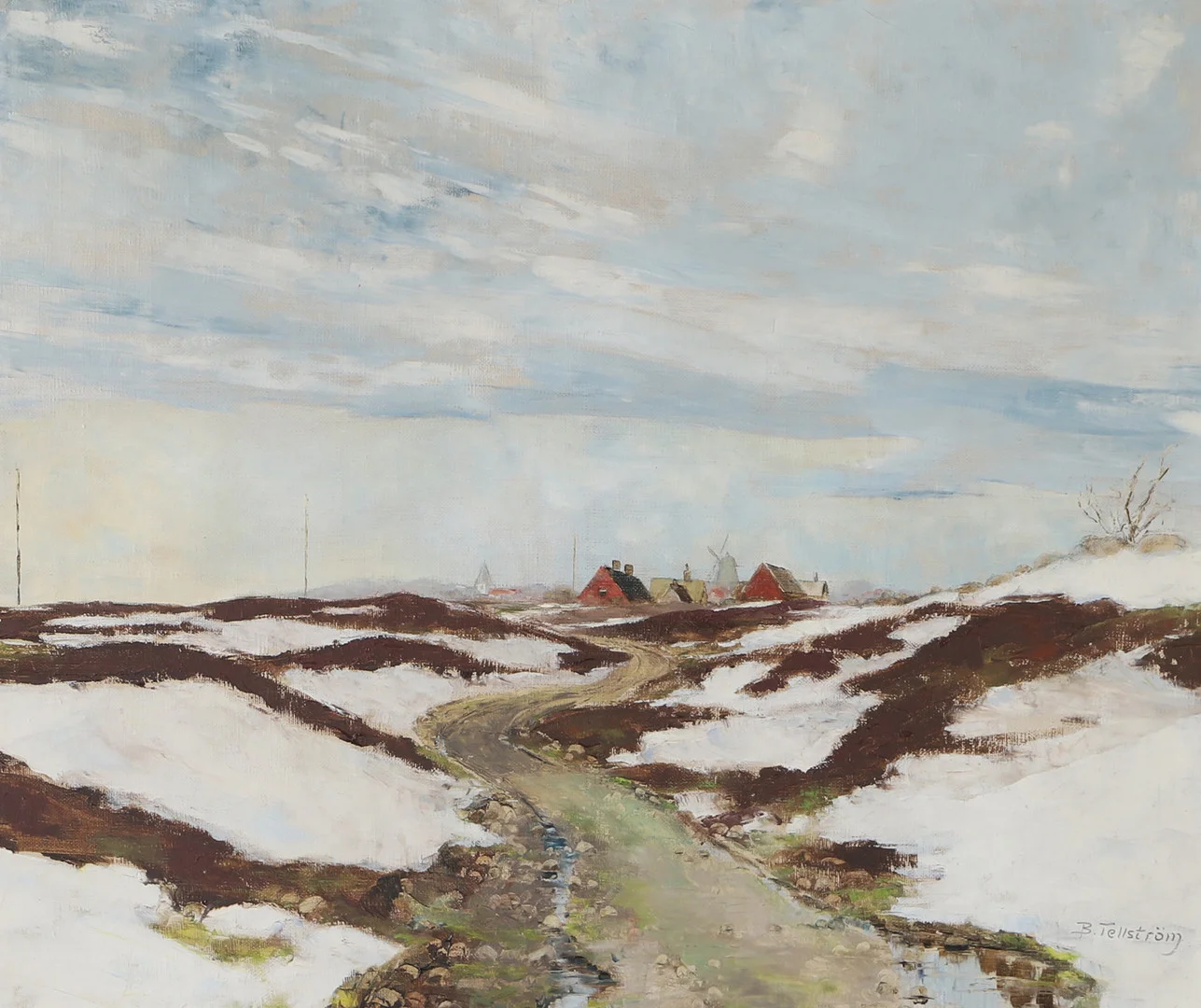 BROR TELLSTRÖM. Vinterlandskap med gård, olja på pannå, signerad B. Telström. — Paintings — Helsingborgs Auktionskammare