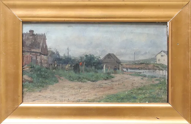 ALFRED BERGSTRÖM. TILLSKRIVEN. Husfasader och figur, olja på duk, 1881.
