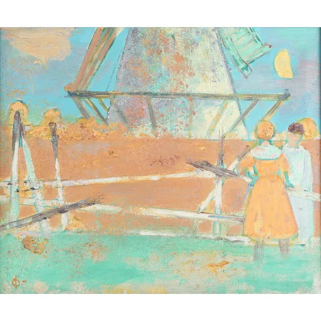 HANS ØLLGAARD (1911-1969). Komposition med figurer ved mølle, olie på lærred.