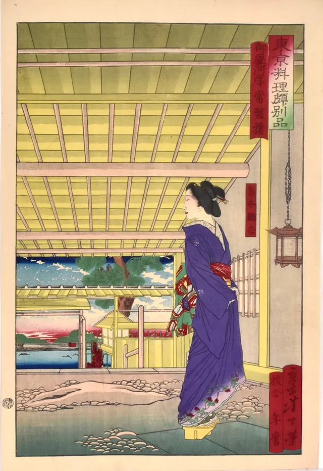 TSUKIOKA YOSHITOSHI. träsnitt, ur Gourmet Delights in Tokyo.