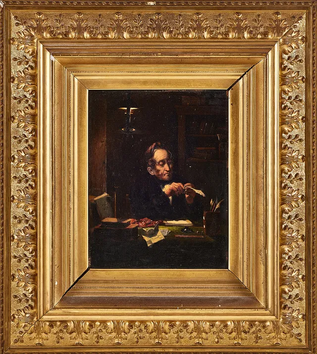 OKÄND KONSTNÄR, 1800-talets andra hälft, interiör med läsande man, oljemålning på träpannå.