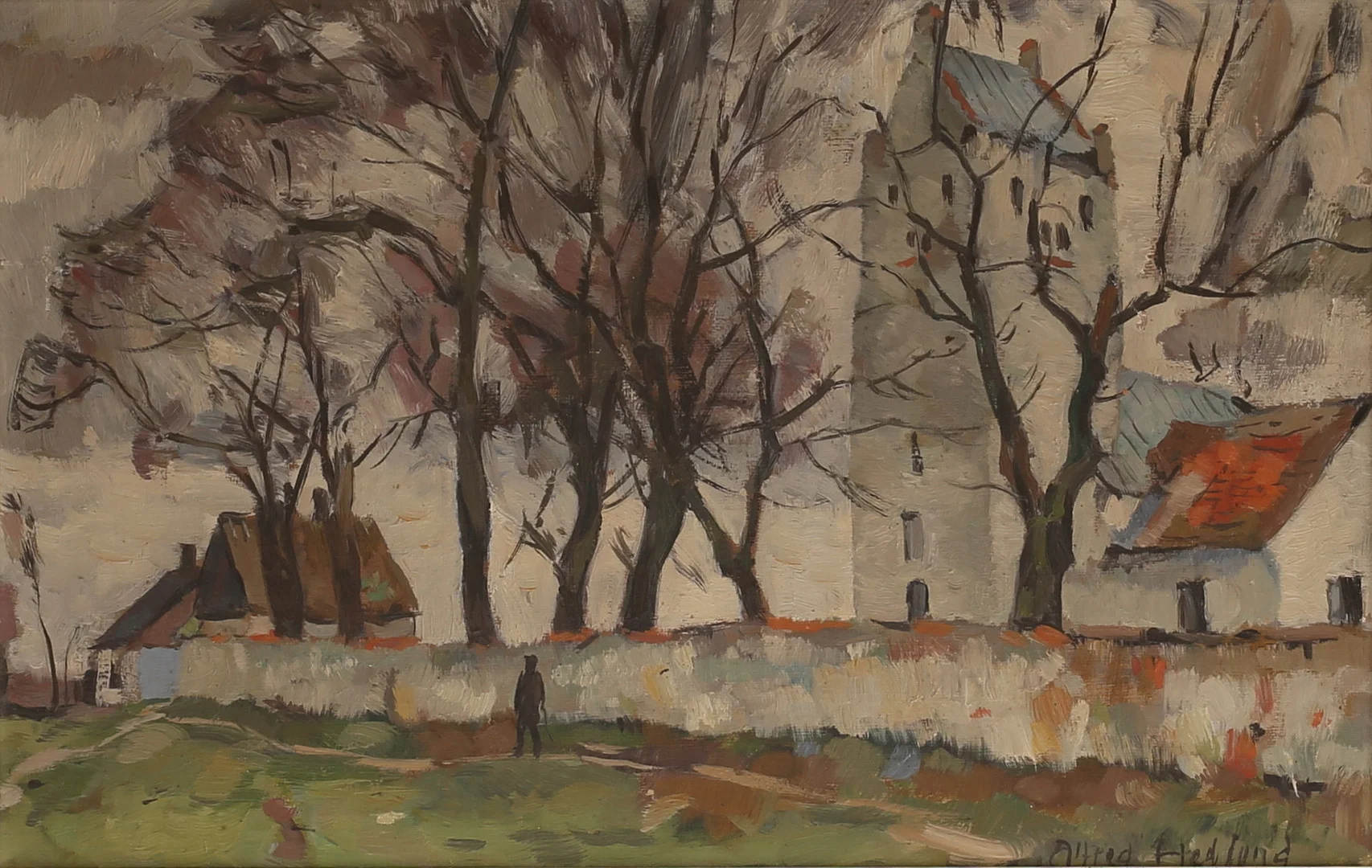 ALFRED HEDLUND. Olja på duk, "Fjelie kyrka 1922", signerad. — Paintings — RA Auktionsverket Norrköping