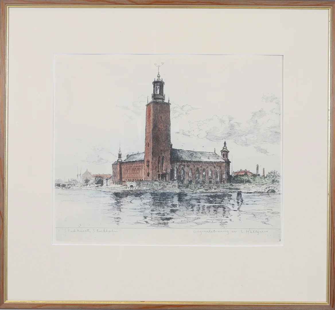 ERNST HÄLLGREN. Stadshuset Stockholm, originaletsning, signerad E Hällgren. — Other — Gomér & Andersson Nyköping