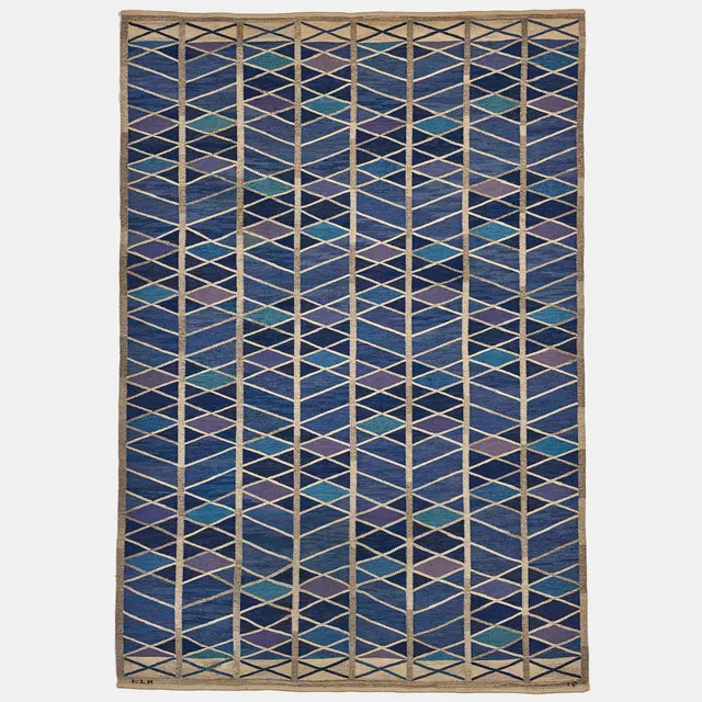INGRID DESSAU. A flatweave, Kristianstads Läns Hemslöjd, stylized decor in blue, gray and violet. Signed KLH ID.